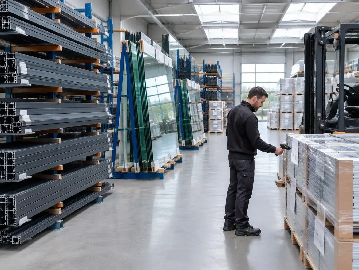 Lager und Produktion bei MF Metall: Aluminiumprofile, Glasgestelle und Stapler in der Halle